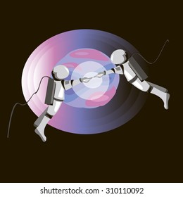 Two astronauts floating in open space on planet background. EPS 10 vector illustration.