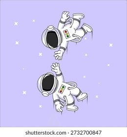 Dos astronautas flotando y alcanzando hacia fuera en un diseño de dibujos animados de la Ilustración vectorial espacial estrellada