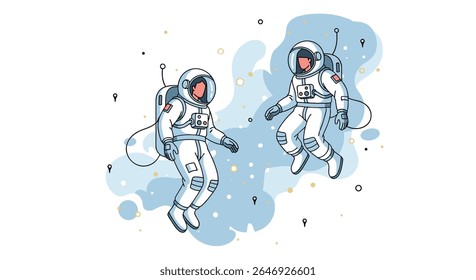 Two Astronauts Floating in Space Amidst Clouds and Stars Exploring the Cosmos Together