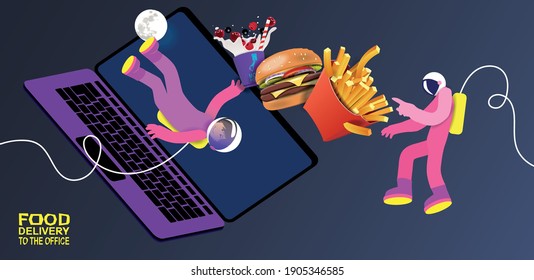 Two astronauts fly around a cheeseburger and French fries on a laptop screen. Vector banner