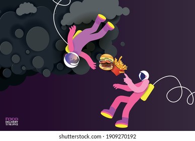 Two astronauts fly up to a hamburger and fries in zero gravity. Vector banner