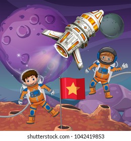 Zwei Astronauten fliegen um die Oberflächengrafik des Planeten