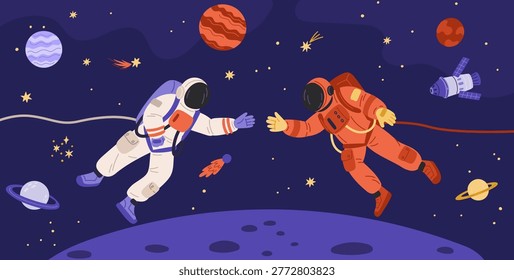 Two astronauts flying through space toward each other to shake hands. Unity and cooperation symbol. Interstellar partners. Spacemen handshake. Cosmic exploration. Futuristic spacewalk. Vector concept