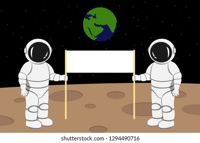 Two astronauts holding banner with copy space. Moon landing. Vector illustration.