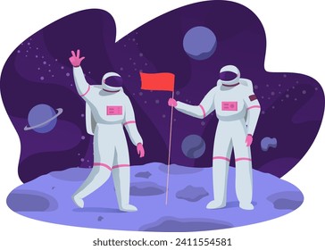 Two astronauts holding flag on moon, space exploration. Cartoon cosmonauts on lunar surface with planets vector illustration.