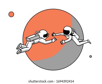 Two astronauts. Man and woman fall in love in outer space, minimalist style with an emphasis on what is happening.