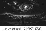 Two astronauts on the edge of a cliff admire the breathtaking space landscape. Deep space science fiction background in stippling style. Dotwork. Pointillism. Shading using dots. Vector illustration