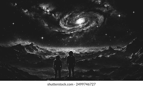 Two astronauts on the edge of a cliff admire the breathtaking space landscape. Deep space science fiction background in stippling style. Dotwork. Pointillism. Shading using dots. Vector illustration