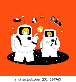 Two astronauts are on a space mission in a sci-fi style, representing technology, space, transportation, and science, in a flat design style.
