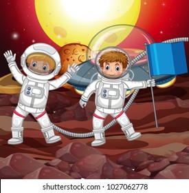 Two astronauts on strange planet illustration