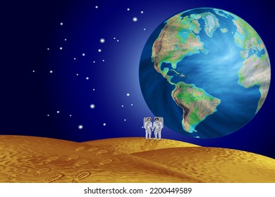 Two astronauts on the surface of the moon. Man and woman. Spaceship team. Vector illustration