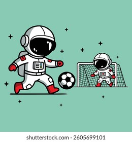 Two astronauts are playing ball in space cartoon illustration