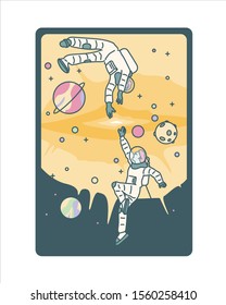 Two astronauts reach out to each other in outer space. hand drawn style vector design illustrations. 