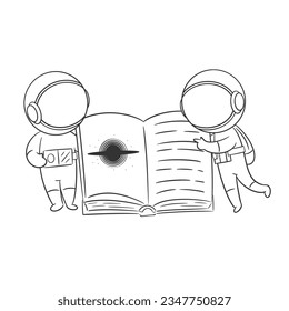 Two astronauts are reading a book together for coloring
