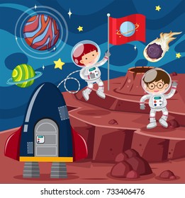 Two astronauts and rocket on the planet illustration