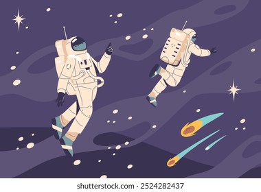 Two Astronauts In Space Suits Float Peacefully In Cosmos Amidst Stars And Comets Convey Sense Of Wonder And Exploration