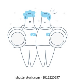 Dos astronautas en espacios espaciales antes de volar. Concepto de vuelos espaciales. Ilustración vectorial de contorno plano sobre fondo aislado blanco