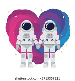 Dos astronautas en trajes espaciales tomados de la mano contra un corazón cósmico en remolino, simbolizando el amor más allá de la Tierra y la exploración espacial.