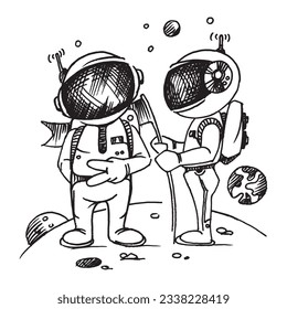Two astronauts in spacesuits on an unknown planet. Pioneers. Space exploration
