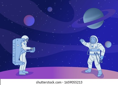 Two astronauts in spacesuits with space equipment standing on planet or star and doing space researches. Cosmonauts in open space, men in the galaxy, cosmic science banner design.