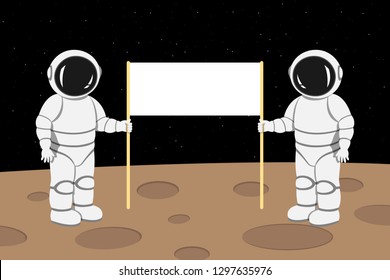 Two astronauts standing on lunar surface and holding banner with copy space. Vector illustration.