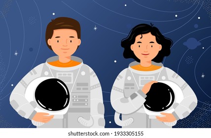 Two astronauts are standing on starry sky background. Man and woman cosmonauts portrait. Vector flat illustration.