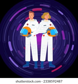 Two astronauts are standing on starry sky background. Man and woman cosmonauts