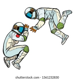 two astronauts in zero gravity. Pop art retro vector illustration kitsch vintage