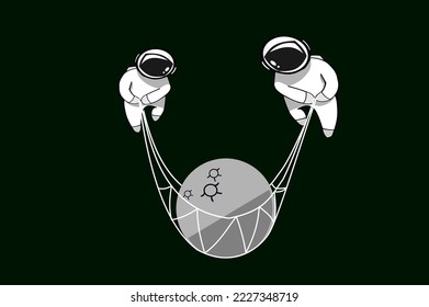 two astronot bring planet in black and white sillhoute,posster,banner,illustration,vector