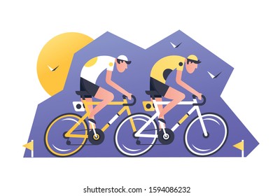 Two athlete cyclist racers vector illustration. Men riders taking part in cycling competitions flat style design. Sport, activity and professional race concept
