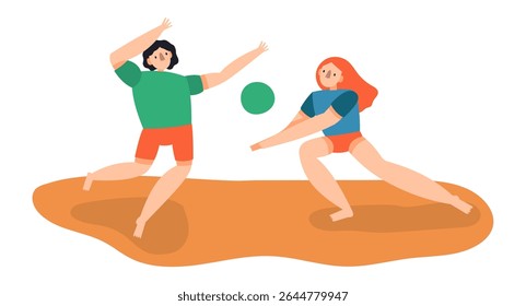 Two athletes in beach volley uniforms engaging in an exciting match on the sandy shore, with one jumping high to strike the ball while the other prepares to receive it