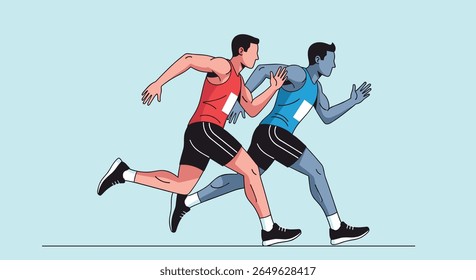Two athletes competing in a race demonstrating speed and athleticism on a track with a light blue background showing their determination and focus