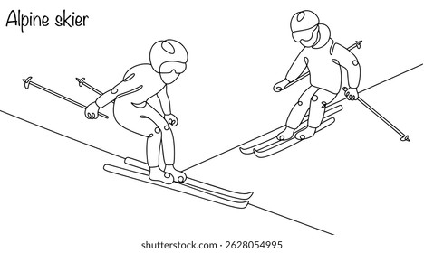 Dois atletas se envolvem em esqui alpino, deslizando pelas pistas de neve em esquis especiais em alta velocidade. Um esporte de inverno onde a velocidade, técnica e controle são importantes. Ilustração vetorial.
