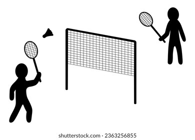 Two athletes play badminton. Silhouette. The player hits the shuttlecock with a racket. A net is stretched between the opponents. Vector illustration. Athletes play a sports game of throwing a shuttle