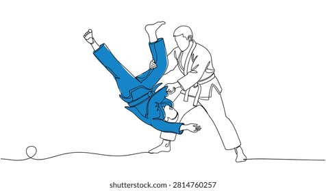 Two athletes practicing judo throwing technique with blue uniform illustrated outline style
