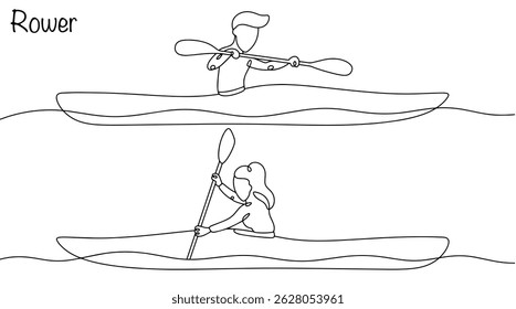 Dois atletas remando, dirigindo um barco com um remo. O homem e a mulher estão nadando em direções diferentes através da água. Um esporte aquático que requer força, resistência, equilíbrio e experiência.
