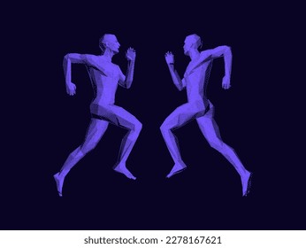 Dos atletas corren entre ellos. Correr o maratón corredor.  Diseño deportivo. Modelo de cuerpo humano 3D. Vector para folleto, volante, presentación o banner.