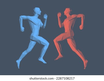 Two athletes run at each other. Running man or marathon runner.  Design for sport. 3D human body model. Vector for brochure, flyer, presentation or banner.