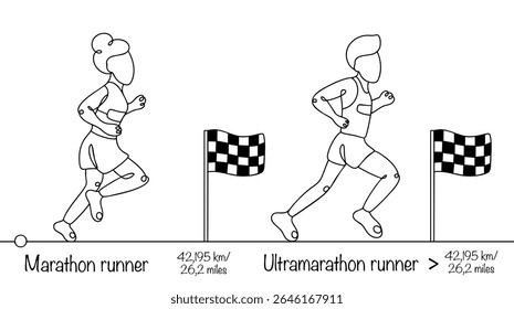 Two athletes run a marathon and an ultramarathon. A woman and a man with great endurance, strength and speed run a very long distance. Professional athletes drawn by hand.