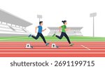 Two athletes running on a race track during a competition