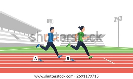 Two athletes running on a race track during a competition