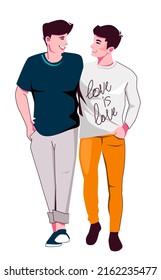 Dos hombres atléticos caminan en un abrazo. Pareja LGBT - ilustración vectorial de estilo caricaturista aislada de fondo blanco.
