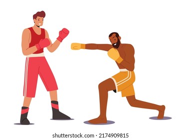 Two Athletic Men Wear Gloves Boxing on Sports Ring. Couple of Male Characters Sportsmen Boxers Punching and Exchange Blows on Fighting Competition Attacking and Defending. Cartoon Vector Illustration