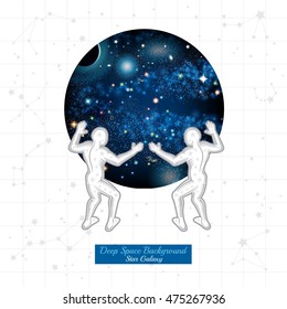 Two Atlant hold round space with starry sky on white background with constellation