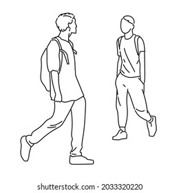 Two attractive guys met on the street. Line art drawing of gay (homosexual men) at the moment the first meeting. Portrait of handsome young gay couple on a date. Casual dressed friends