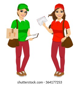 two attractive post women in uniform with brown leather bag delivering mail and delivery cardboard 