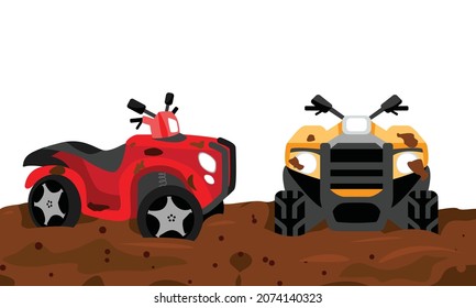 Two ATVs stands on the dirt. Vector illustration
