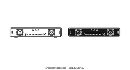 Two of an audio receiver or amplifier unit, displayed in outline and solid black, showing front panel controls.