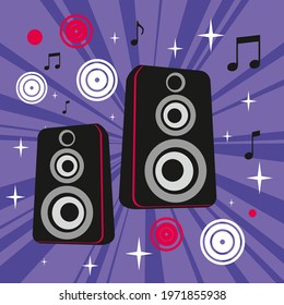 Two audio speakers on an abstract background with notes.