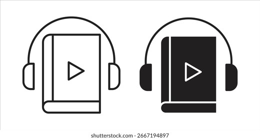 Dos iconos de audiolibro, una línea de arte, un negro sólido, ambos con auriculares, aislados en blanco.